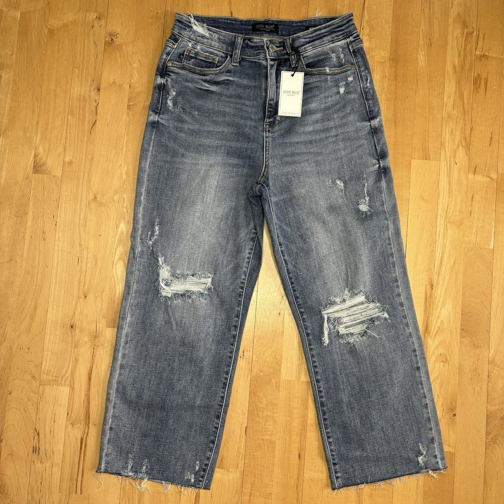 Judy Blue Jeans 9/29 Blue Wide Leg Crop Raw Hem Destroyed Denim High Waisted NWT